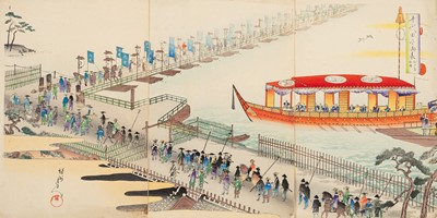 Lot 675 - CHIKANOBU: TRIPTYCH OF THE BOAT BRIDGE AT MATSUDO STATION