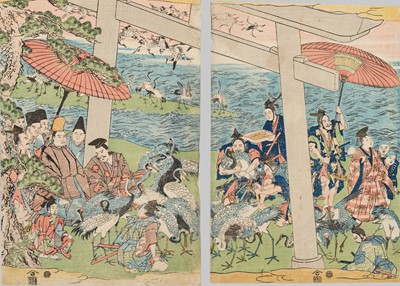 Lot 692 - MINAMOTO YORITOMO FREEING CRANES AT YUIGAHAMA, ATTRIBUTED TO KITAO SHIGEMASA