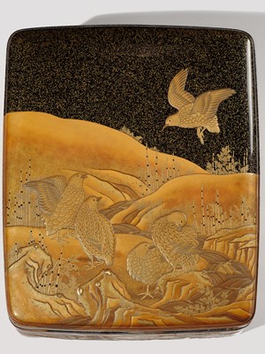 A SUPERB LACQUER BUNKO (DOCUMENT BOX) DEPICITING QUAILS AND AUTUMN GRASSES