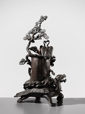 Lot 5 - A MASSIVE BRONZE OKIMONO OF A MINOGAME AND NESTING CRANES ON MOUNT HORAI