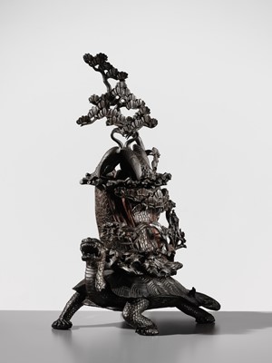 Lot 5 - A MASSIVE BRONZE OKIMONO OF A MINOGAME AND NESTING CRANES ON MOUNT HORAI