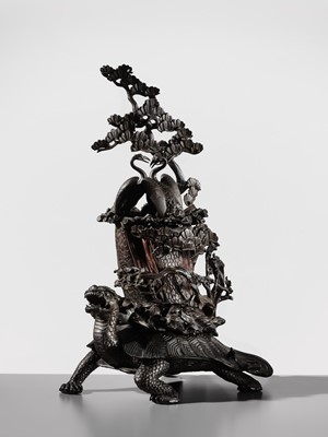 Lot 5 - A MASSIVE BRONZE OKIMONO OF A MINOGAME AND NESTING CRANES ON MOUNT HORAI
