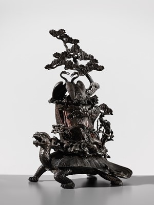 Lot 5 - A MASSIVE BRONZE OKIMONO OF A MINOGAME AND NESTING CRANES ON MOUNT HORAI
