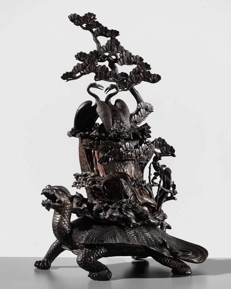 Lot 5 - A MASSIVE BRONZE OKIMONO OF A MINOGAME AND NESTING CRANES ON MOUNT HORAI