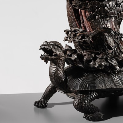 Lot 5 - A MASSIVE BRONZE OKIMONO OF A MINOGAME AND NESTING CRANES ON MOUNT HORAI