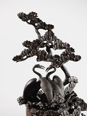 Lot 5 - A MASSIVE BRONZE OKIMONO OF A MINOGAME AND NESTING CRANES ON MOUNT HORAI