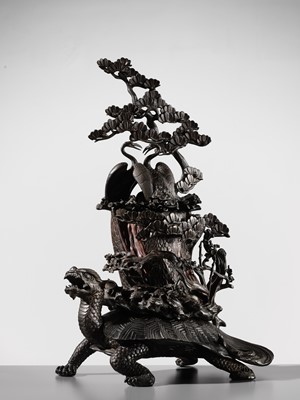 Lot 5 - A MASSIVE BRONZE OKIMONO OF A MINOGAME AND NESTING CRANES ON MOUNT HORAI