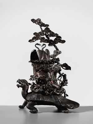 Lot 5 - A MASSIVE BRONZE OKIMONO OF A MINOGAME AND NESTING CRANES ON MOUNT HORAI