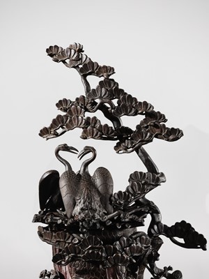 Lot 5 - A MASSIVE BRONZE OKIMONO OF A MINOGAME AND NESTING CRANES ON MOUNT HORAI