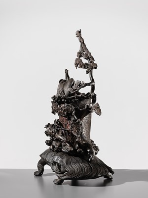 Lot 5 - A MASSIVE BRONZE OKIMONO OF A MINOGAME AND NESTING CRANES ON MOUNT HORAI