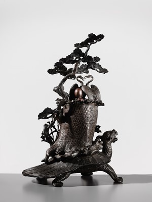 Lot 5 - A MASSIVE BRONZE OKIMONO OF A MINOGAME AND NESTING CRANES ON MOUNT HORAI