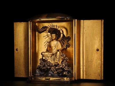 Lot 161 - A LARGE ZUSHI (PORTABLE BUDDHIST SHRINE) CONTAINING A FINE GILT-LACQUERED WOOD FIGURE OF AMIDA NYORAI, 18TH CENTURY