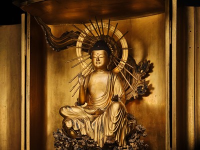 Lot 161 - A LARGE ZUSHI (PORTABLE BUDDHIST SHRINE) CONTAINING A FINE GILT-LACQUERED WOOD FIGURE OF AMIDA NYORAI, 18TH CENTURY