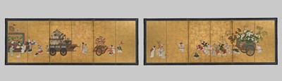 Lot 302 - A PAIR OF KANO SCHOOL SIX-PANEL BYOBU (FOLDING SCREENS) DEPICTING ONE HUNDRED BOYS