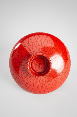 Lot 139 - SEIHO: A SMALL LACQUER SAKE CUP (SAKAZUKI), STAND WITH A KOI AND A TOMOBAKO (STORAGE BOX)