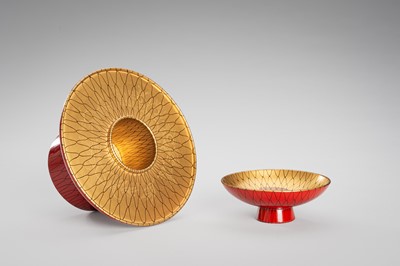 Lot 139 - SEIHO: A SMALL LACQUER SAKE CUP (SAKAZUKI), STAND WITH A KOI AND A TOMOBAKO (STORAGE BOX)