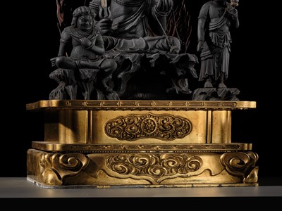 A LACQUERED WOOD TRIAD OF FUDO MYO-O AND HIS ATTENDANTS SEITAKA AND KONGARA, 18TH-19TH CENTURY