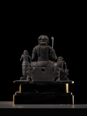 A LACQUERED WOOD TRIAD OF FUDO MYO-O AND HIS ATTENDANTS SEITAKA AND KONGARA, 18TH-19TH CENTURY
