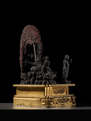 A LACQUERED WOOD TRIAD OF FUDO MYO-O AND HIS ATTENDANTS SEITAKA AND KONGARA, 18TH-19TH CENTURY