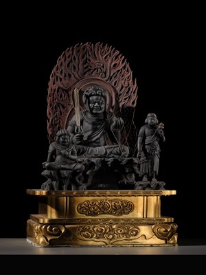A LACQUERED WOOD TRIAD OF FUDO MYO-O AND HIS ATTENDANTS SEITAKA AND KONGARA, 18TH-19TH CENTURY
