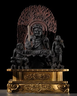 A LACQUERED WOOD TRIAD OF FUDO MYO-O AND HIS ATTENDANTS SEITAKA AND KONGARA, 18TH-19TH CENTURY