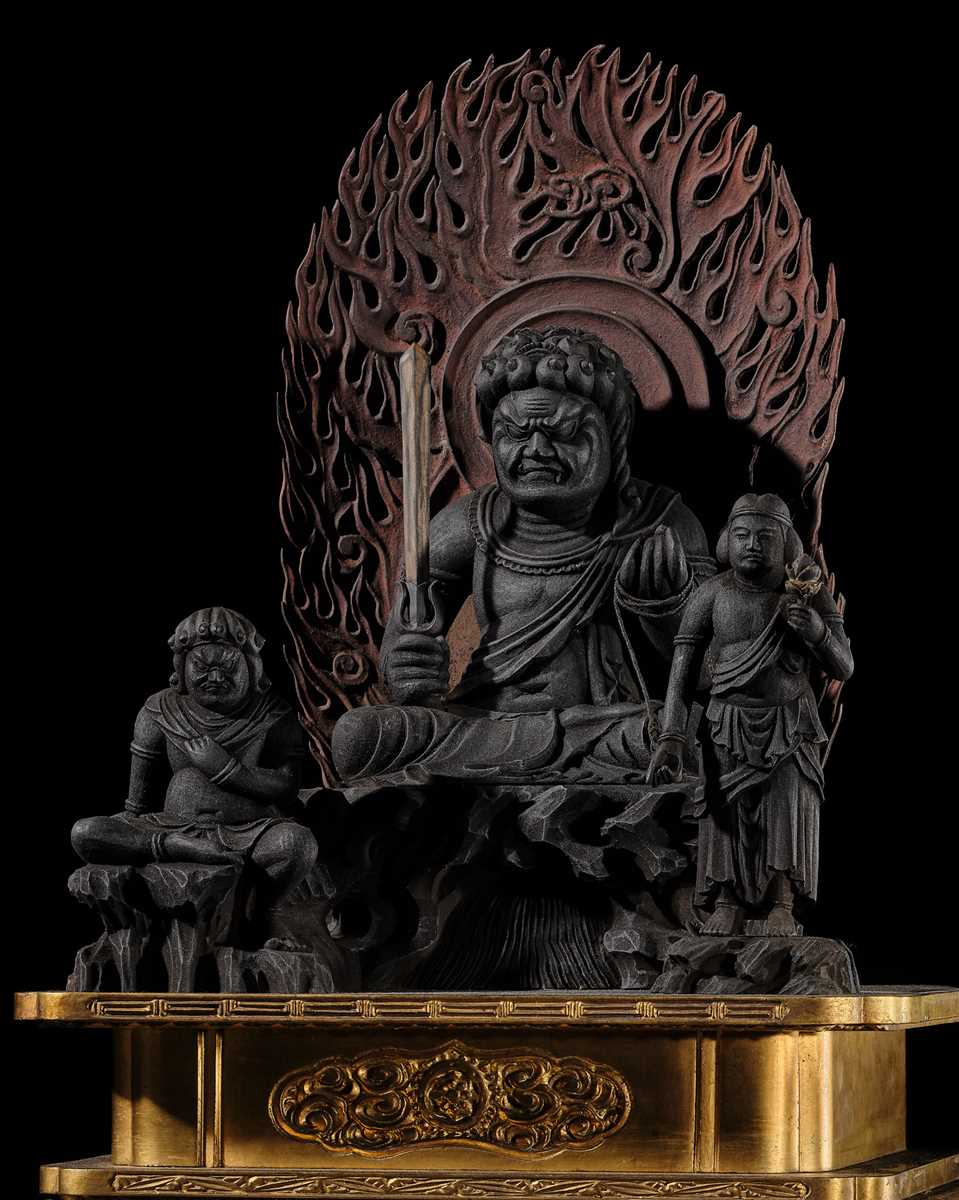 A LACQUERED WOOD TRIAD OF FUDO MYO-O AND HIS ATTENDANTS SEITAKA AND KONGARA, 18TH-19TH CENTURY