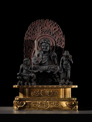 A LACQUERED WOOD TRIAD OF FUDO MYO-O AND HIS ATTENDANTS SEITAKA AND KONGARA, 18TH-19TH CENTURY