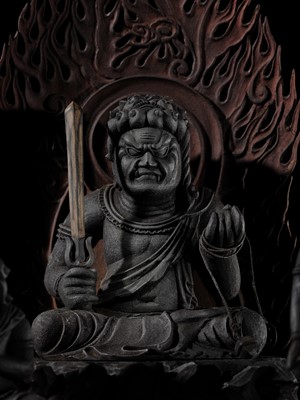 A LACQUERED WOOD TRIAD OF FUDO MYO-O AND HIS ATTENDANTS SEITAKA AND KONGARA, 18TH-19TH CENTURY