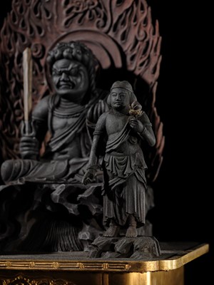 A LACQUERED WOOD TRIAD OF FUDO MYO-O AND HIS ATTENDANTS SEITAKA AND KONGARA, 18TH-19TH CENTURY