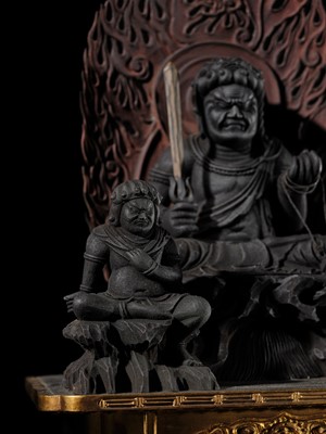 A LACQUERED WOOD TRIAD OF FUDO MYO-O AND HIS ATTENDANTS SEITAKA AND KONGARA, 18TH-19TH CENTURY