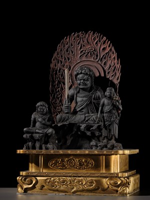 A LACQUERED WOOD TRIAD OF FUDO MYO-O AND HIS ATTENDANTS SEITAKA AND KONGARA, 18TH-19TH CENTURY