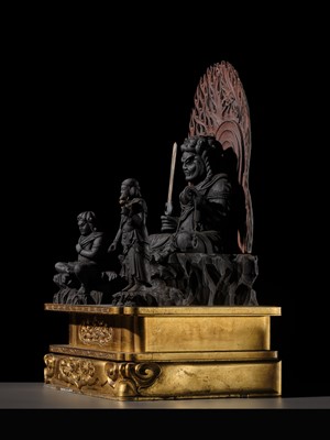A LACQUERED WOOD TRIAD OF FUDO MYO-O AND HIS ATTENDANTS SEITAKA AND KONGARA, 18TH-19TH CENTURY