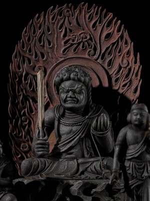 A LACQUERED WOOD TRIAD OF FUDO MYO-O AND HIS ATTENDANTS SEITAKA AND KONGARA, 18TH-19TH CENTURY