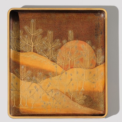 AN IMPRESSIVE MATCHING SET OF A RYOSHIBAKO (DOCUMENT BOX) AND SUZURIBAKO (WRITING BOX) WITH CRANES, YOUNG PINES AND THE RISING SUN AND MOON