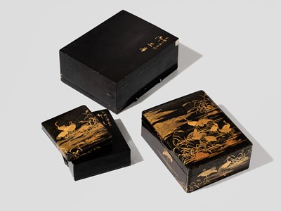 AN IMPRESSIVE MATCHING SET OF A RYOSHIBAKO (DOCUMENT BOX) AND SUZURIBAKO (WRITING BOX) WITH CRANES, YOUNG PINES AND THE RISING SUN AND MOON