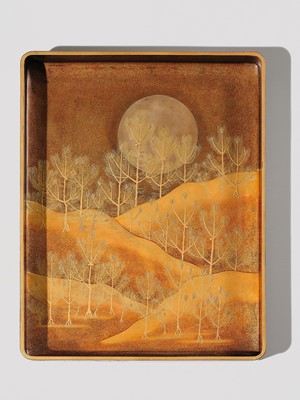 AN IMPRESSIVE MATCHING SET OF A RYOSHIBAKO (DOCUMENT BOX) AND SUZURIBAKO (WRITING BOX) WITH CRANES, YOUNG PINES AND THE RISING SUN AND MOON