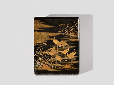 AN IMPRESSIVE MATCHING SET OF A RYOSHIBAKO (DOCUMENT BOX) AND SUZURIBAKO (WRITING BOX) WITH CRANES, YOUNG PINES AND THE RISING SUN AND MOON