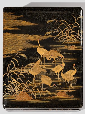 AN IMPRESSIVE MATCHING SET OF A RYOSHIBAKO (DOCUMENT BOX) AND SUZURIBAKO (WRITING BOX) WITH CRANES, YOUNG PINES AND THE RISING SUN AND MOON