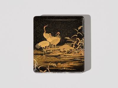 AN IMPRESSIVE MATCHING SET OF A RYOSHIBAKO (DOCUMENT BOX) AND SUZURIBAKO (WRITING BOX) WITH CRANES, YOUNG PINES AND THE RISING SUN AND MOON