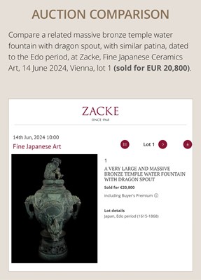Lot 1 - A LARGE AND MASSIVE BRONZE TEMPLE WATER DISPENSER, MIZUBACHI