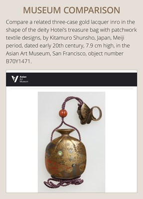 Lot 36 - AN IMPRESSIVE AND LARGE FOUR-CASE LACQUER INRO IN THE FORM OF A KINCHAKU DEPICTING THE SEVEN LUCKY GODS (SHICHIFUKUJIN)