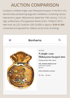 Lot 36 - AN IMPRESSIVE AND LARGE FOUR-CASE LACQUER INRO IN THE FORM OF A KINCHAKU DEPICTING THE SEVEN LUCKY GODS (SHICHIFUKUJIN)