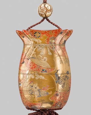 Lot 36 - AN IMPRESSIVE AND LARGE FOUR-CASE LACQUER INRO IN THE FORM OF A KINCHAKU DEPICTING THE SEVEN LUCKY GODS (SHICHIFUKUJIN)