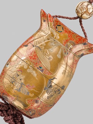 Lot 36 - AN IMPRESSIVE AND LARGE FOUR-CASE LACQUER INRO IN THE FORM OF A KINCHAKU DEPICTING THE SEVEN LUCKY GODS (SHICHIFUKUJIN)