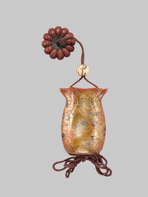 Lot 36 - AN IMPRESSIVE AND LARGE FOUR-CASE LACQUER INRO IN THE FORM OF A KINCHAKU DEPICTING THE SEVEN LUCKY GODS (SHICHIFUKUJIN)