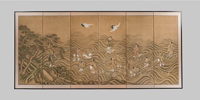 Lot 589 - A KANO SCHOOL SIX-PANEL BYOBU (FOLDING SCREEN) DEPICTING IMMORTALS RIDING WAVES