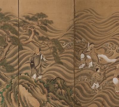 Lot 589 - A KANO SCHOOL SIX-PANEL BYOBU (FOLDING SCREEN) DEPICTING IMMORTALS RIDING WAVES