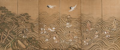 Lot 589 - A KANO SCHOOL SIX-PANEL BYOBU (FOLDING SCREEN) DEPICTING IMMORTALS RIDING WAVES