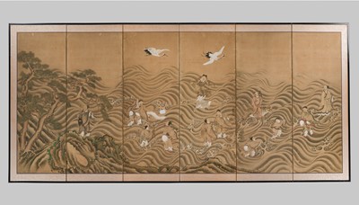 Lot 589 - A KANO SCHOOL SIX-PANEL BYOBU (FOLDING SCREEN) DEPICTING IMMORTALS RIDING WAVES