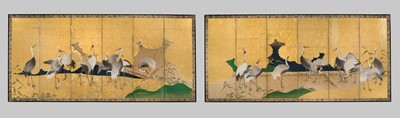 Lot 308 - A FINE PAIR OF SIX-PANEL BYOBU (FOLDING SCREENS) DEPICTING CRANES